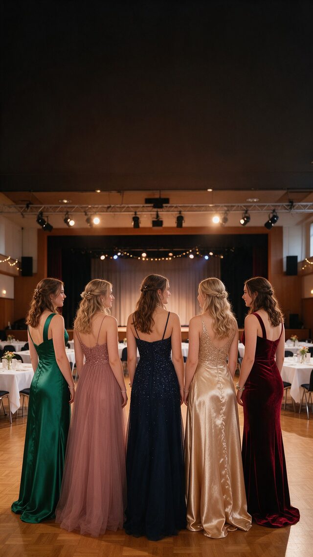 Fünf junge Frauen in fünf verschiedenen Ballkleidern in einer Stadthalle, von hinten
